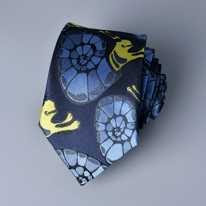 Corbata de hombre con estampado floral de caracol en azul marino y amarillo