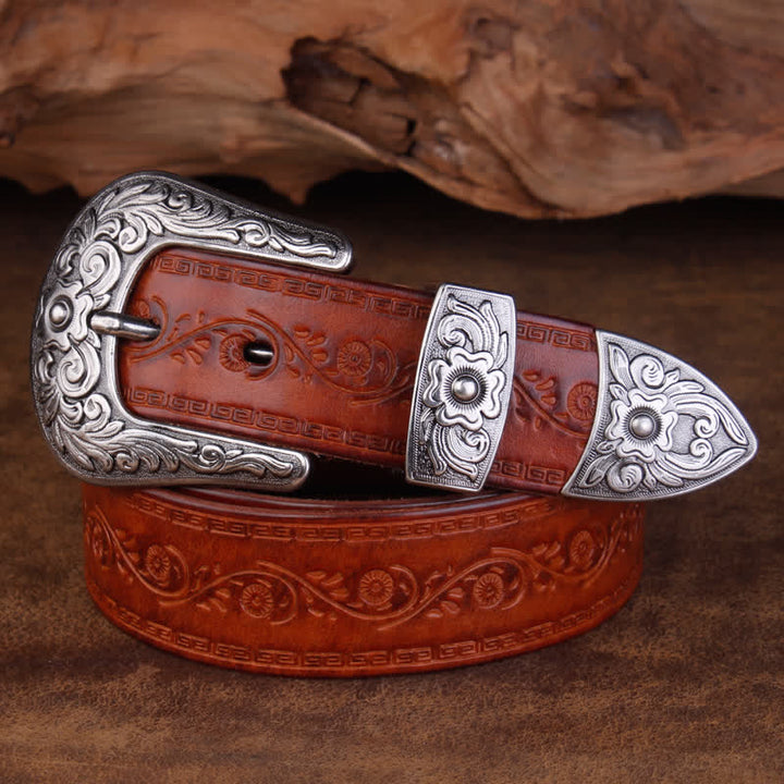 Cinturón unisex de piel con estampado de flores y textura rústica