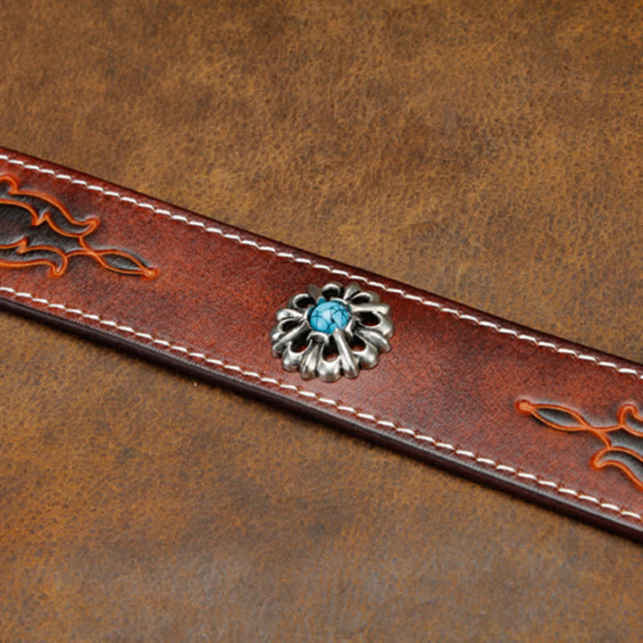 Cinturón unisex de cuero con flor turquesa marrón retro