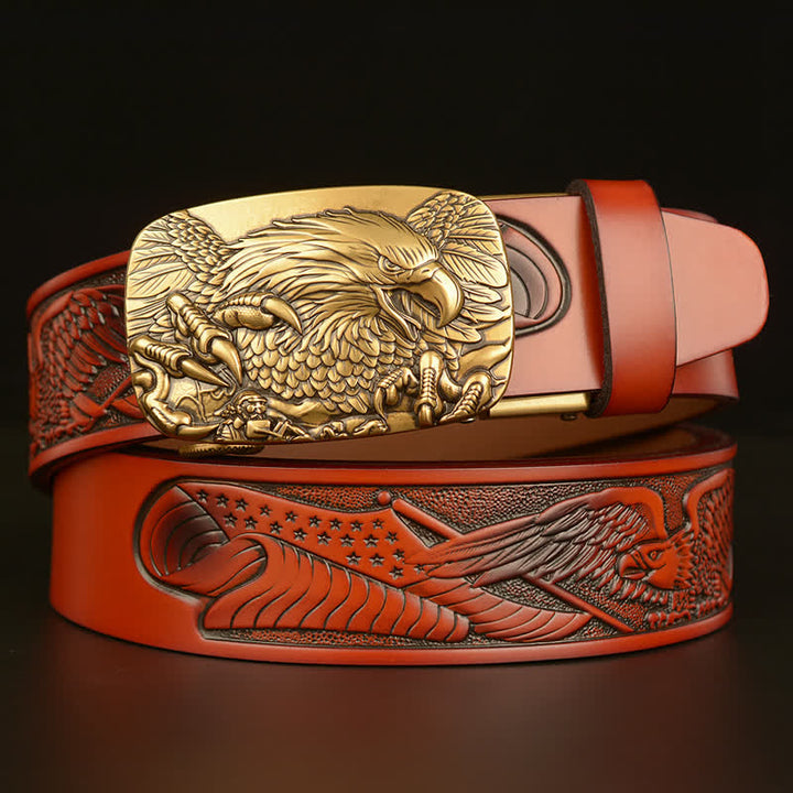Cinturón de cuero con hebilla automática y alas de águila vintage para hombre