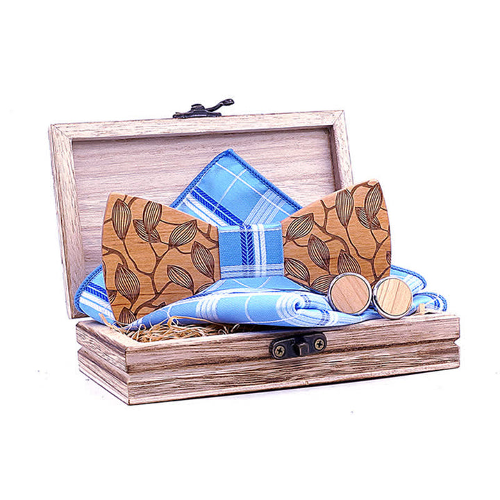 Juego de 3 pajaritas de madera con estampado de hojas para hombre