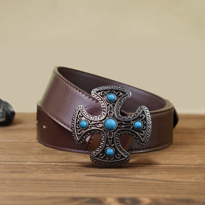 Cinturón de cuero con hebilla de cruz de piedra turquesa retro para hombre hecho a mano