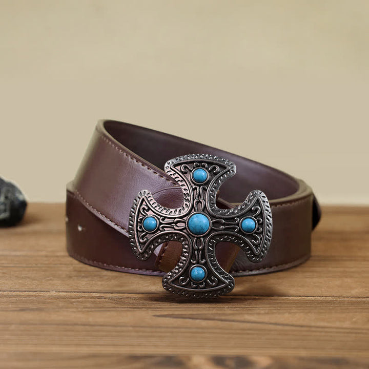 Cinturón de cuero con hebilla de cruz de piedra turquesa retro para hombre hecho a mano