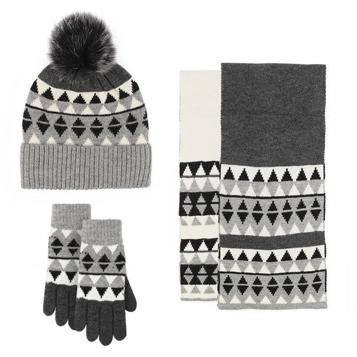 Conjunto de 3 guantes y gorro con estampado de triángulos para mujer