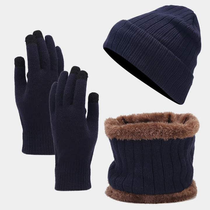 Conjunto de 3 guantes y gorro de punto de sarga gruesa unisex
