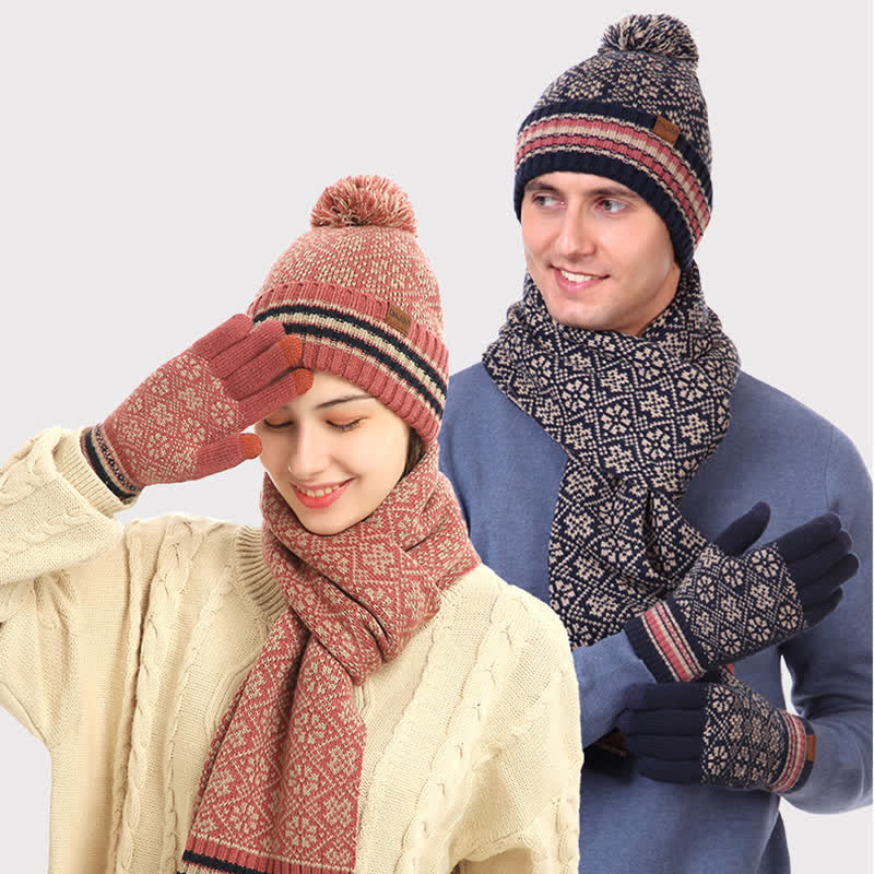 Juego de 3 guantes unisex con pantalla táctil, gorro y bufanda con copos de nieve