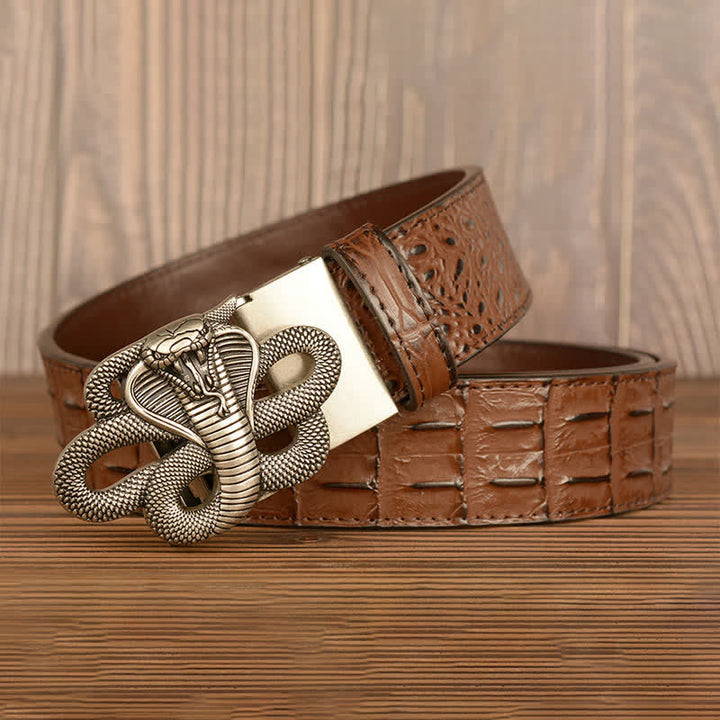 Cinturón de piel de cocodrilo con diseño de cobra rizada para hombre