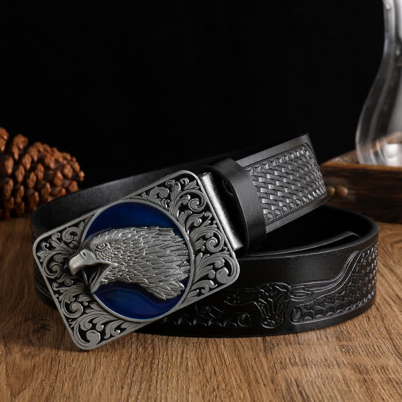 Cinturón de cuero occidental rectangular con cabeza de águila calva para hombre