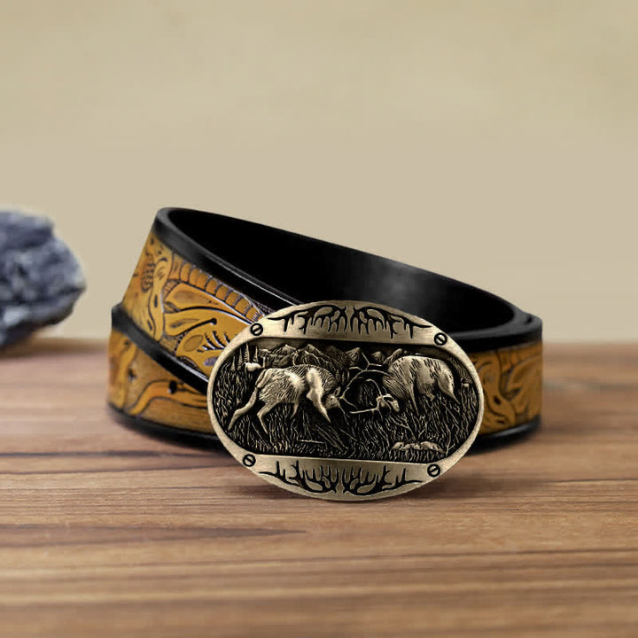Cinturón de cuero estilo western con hebilla de ciervo salvaje para hombre, hecho a mano