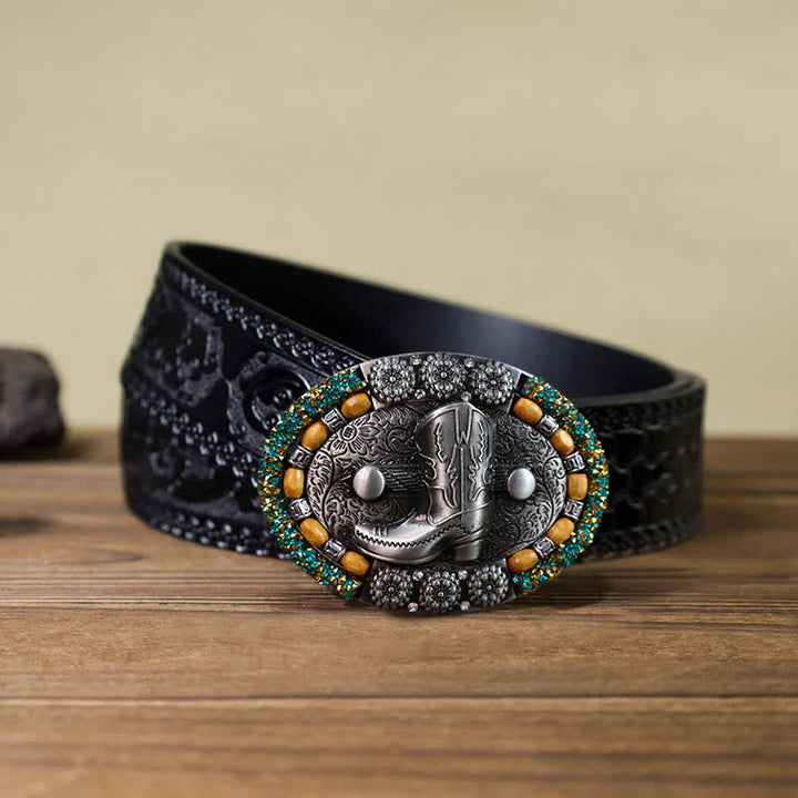 Cinturón de cuero con hebilla para botas de hombre, con cuentas de madera y diamantes de imitación, hecho a mano