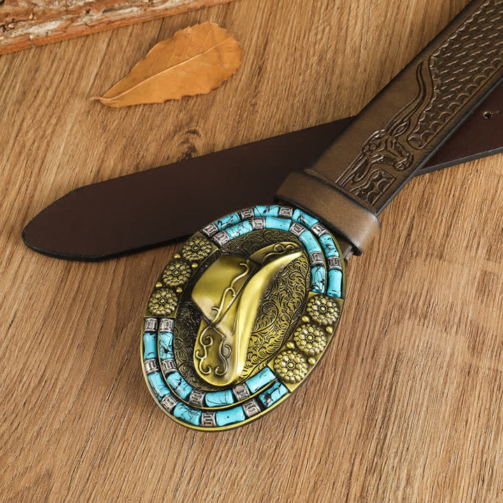 Cinturón de cuero con decoración turquesa y sombrero de vaquero dorado para hombre