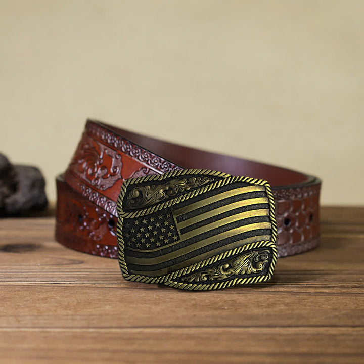 Cinturón de cuero con hebilla antigua de la bandera estadounidense para hombre, hecho a mano