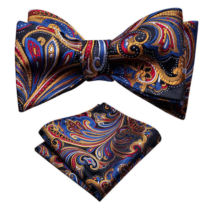 Conjunto de 2 pañuelos de bolsillo con pajarita y estampado de cachemira dorado y azul para hombre
