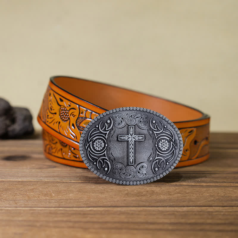 Cinturón de cuero con hebilla floral y cruz de fe para hombre, hecho a mano