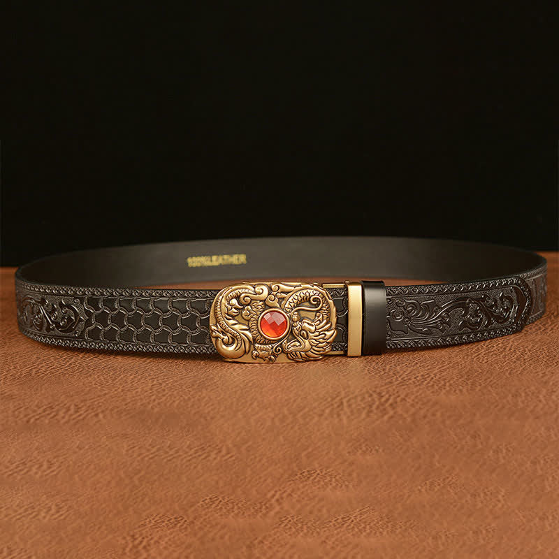 Cinturón de cuero con piedras preciosas y dragón grabado para hombre