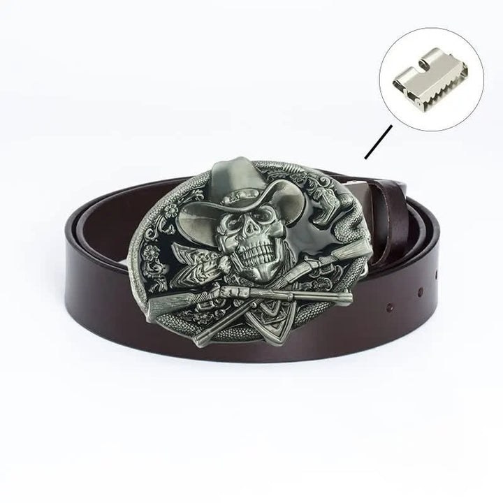 Cinturón de cuero con calavera pirata y pistolas cruzadas para hombre