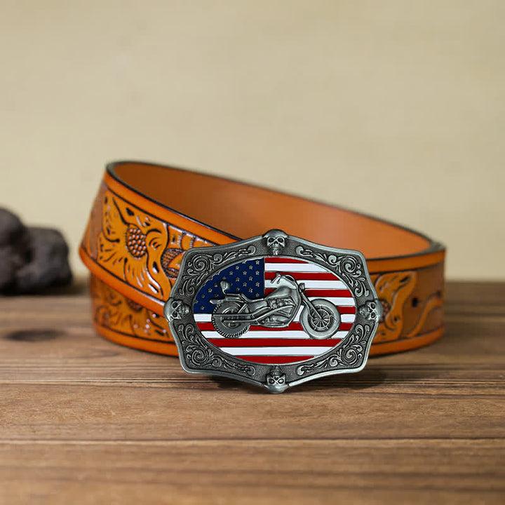 Cinturón de cuero con hebilla de calavera y bandera de EE. UU. para hombre, hecho a mano, con diseño de motocicleta