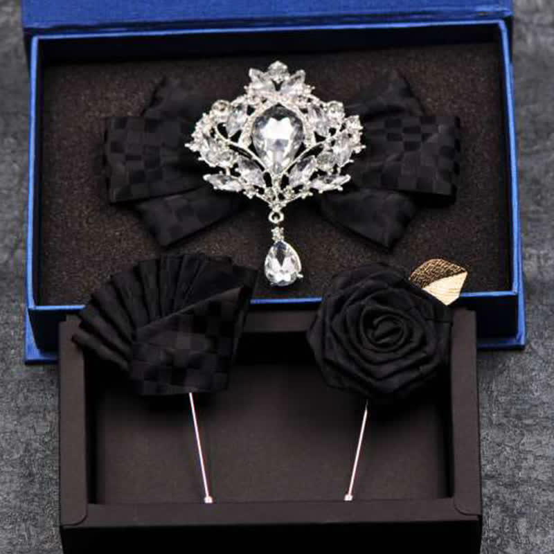 Juego de 3 broches y pajaritas con diamantes de imitación a cuadros