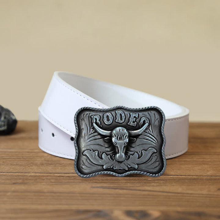 Cinturón de cuero con hebilla de rodeo de toro Longhorn plateado para hombre, hecho a mano