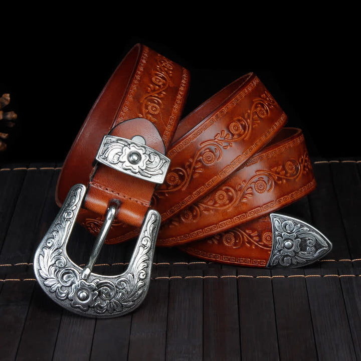 Cinturón unisex de piel con estampado de flores y textura rústica