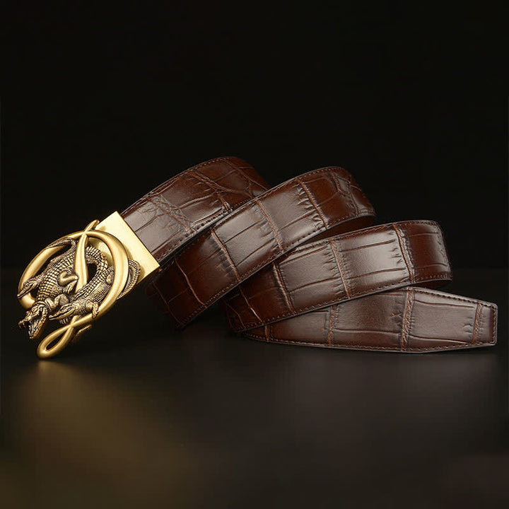Cinturón de piel con estampado de cocodrilo y hebilla de cocodrilo para hombre