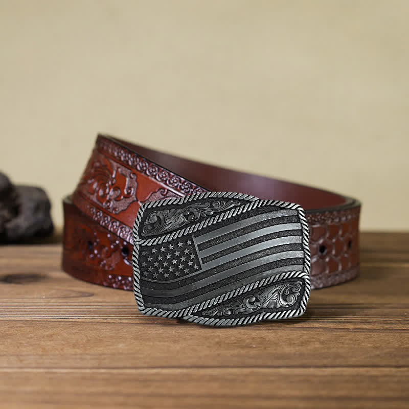 Cinturón de cuero con hebilla antigua de la bandera estadounidense para hombre, hecho a mano