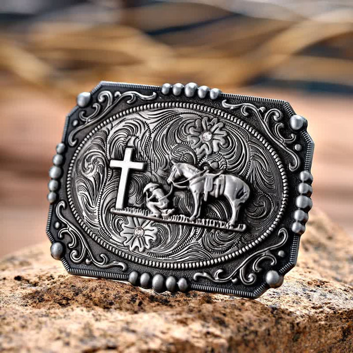 Cinturón de cuero con hebilla de oración de rodillas con cruz de caballo para hombre hecho a mano