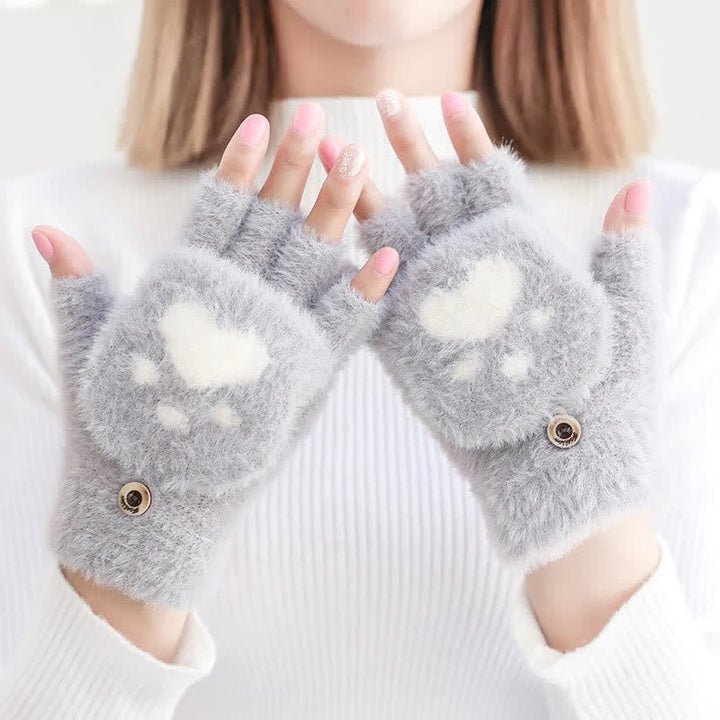 Guantes cálidos y ponjosos con estampado de pata de gato para mujer