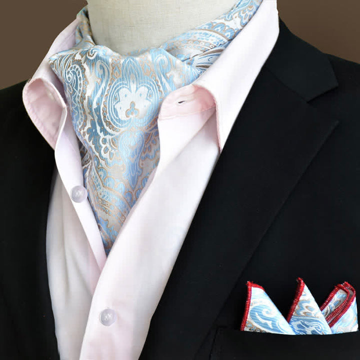 Conjunto de 2 pañuelos de bolsillo y corbata con estampado floral de cachemira de lujo en azul cielo