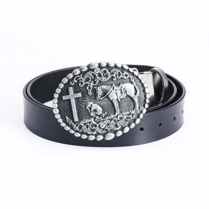 Cinturón de cuero con cruz de corcel para oración arrodillada para hombre