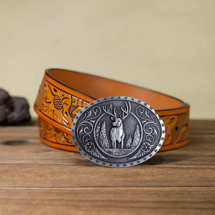 Cinturón de cuero con hebilla ovalada con diseño de ciervo del bosque para hombre hecho a mano