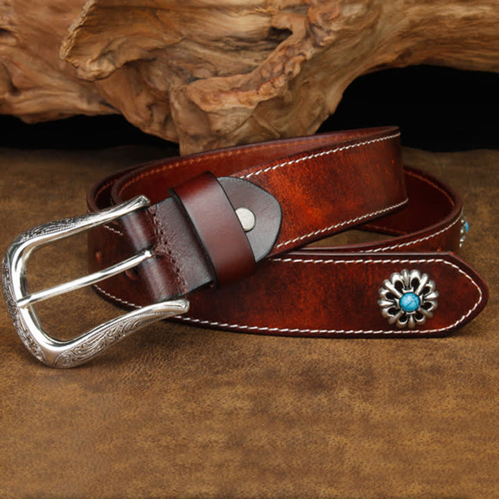 Cinturón unisex de cuero con flor turquesa marrón retro