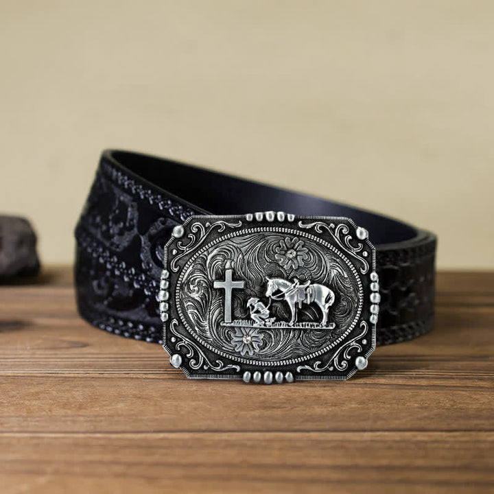 Cinturón de cuero con hebilla de oración de rodillas con cruz de caballo para hombre hecho a mano