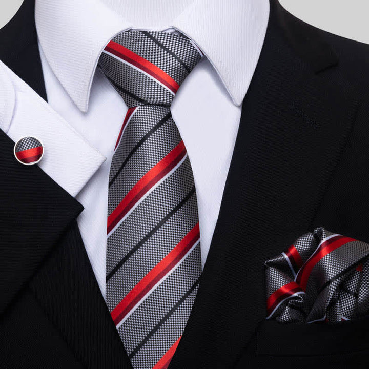 Conjunto de 3 corbatas de rayas grises y rojas para hombre