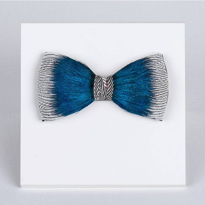 Pajarita con plumas de pavo real azul y amor por el océano