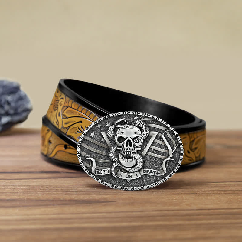 Cinturón de cuero con hebilla de calavera de serpiente "Libertad o muerte" para hombre, hecho a mano