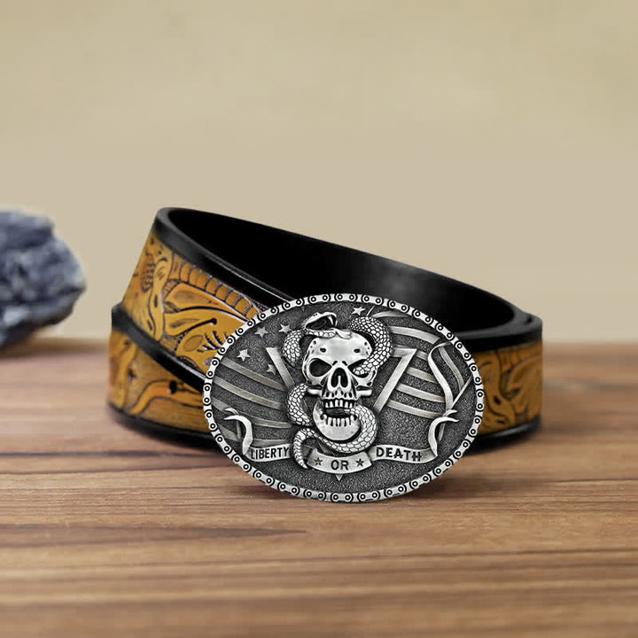 Cinturón de cuero con hebilla de calavera de serpiente "Libertad o muerte" para hombre, hecho a mano