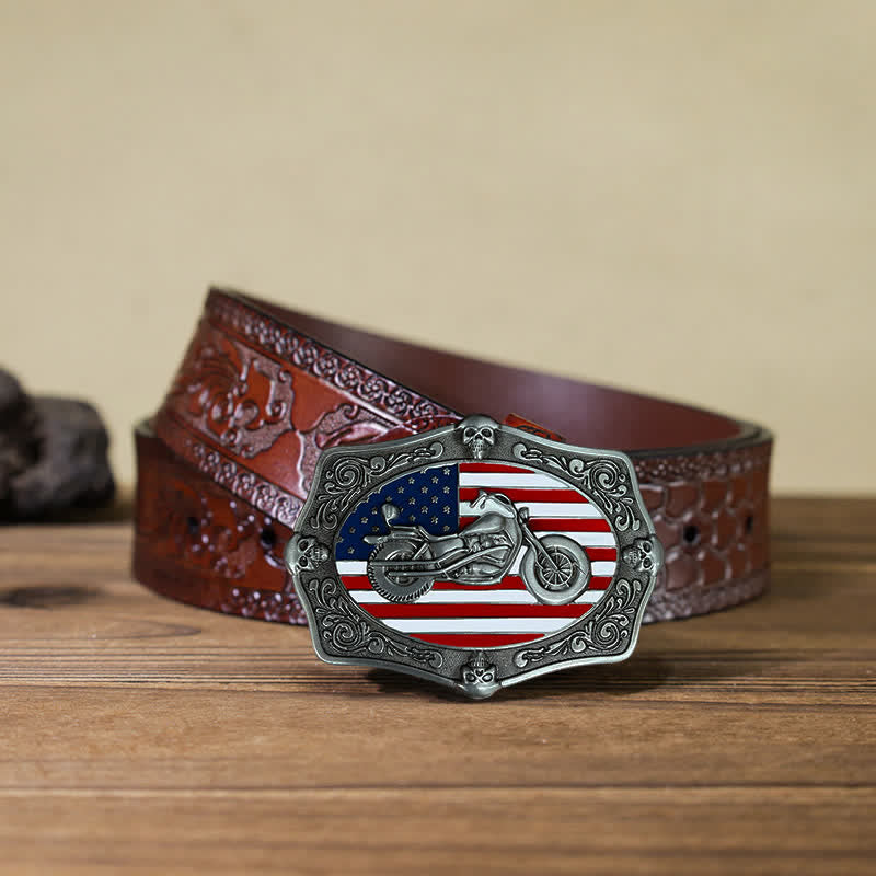 Cinturón de cuero con hebilla de calavera y bandera de EE. UU. para hombre, hecho a mano, con diseño de motocicleta
