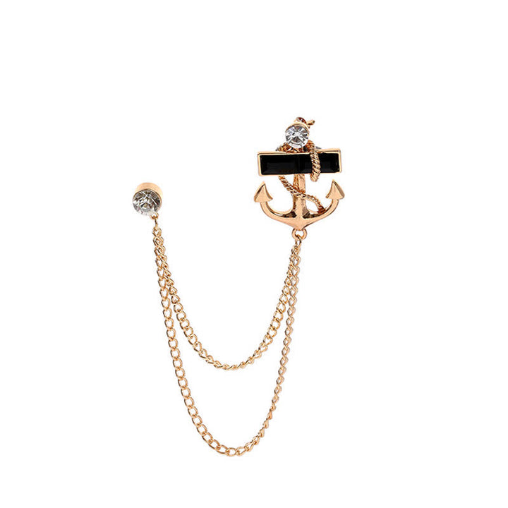 Broche de cadena con ancla y gemas negras para hombre