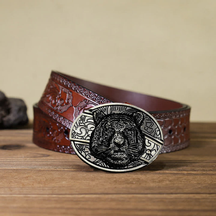 Cinturón de cuero con cuchillo plegable oculto con cabeza de leopardo para hombre