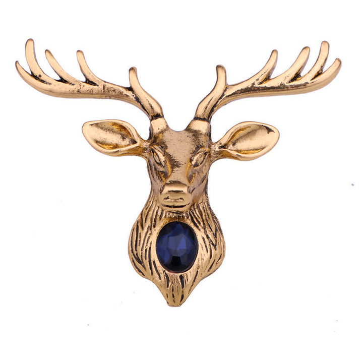 Broche de ciervo con gema azul majestuosa para hombre