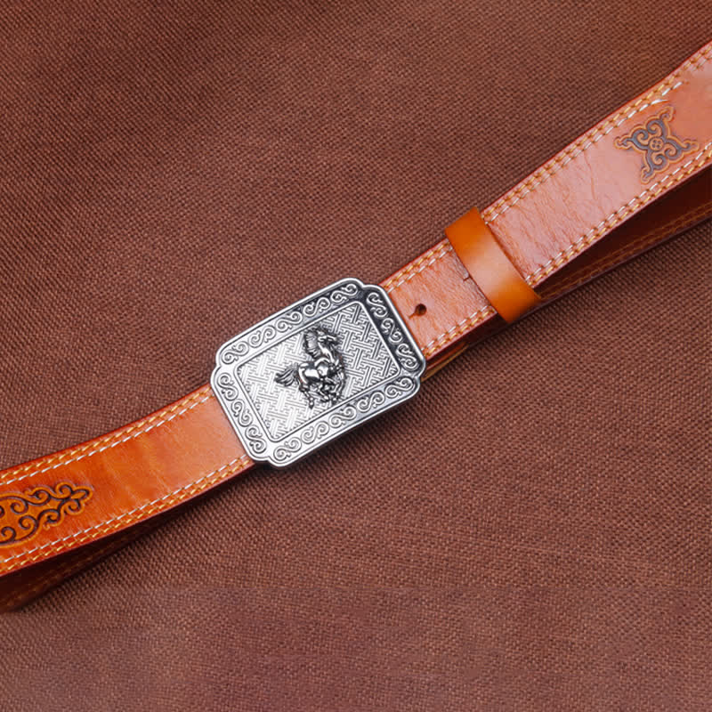 Cinturón de cuero de caballo plateado estilo vaquero étnico para hombre