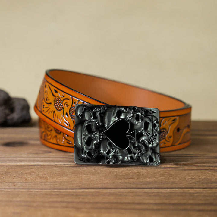 Cinturón de cuero con hebilla de as de espadas y calavera para hombre, hecho a mano