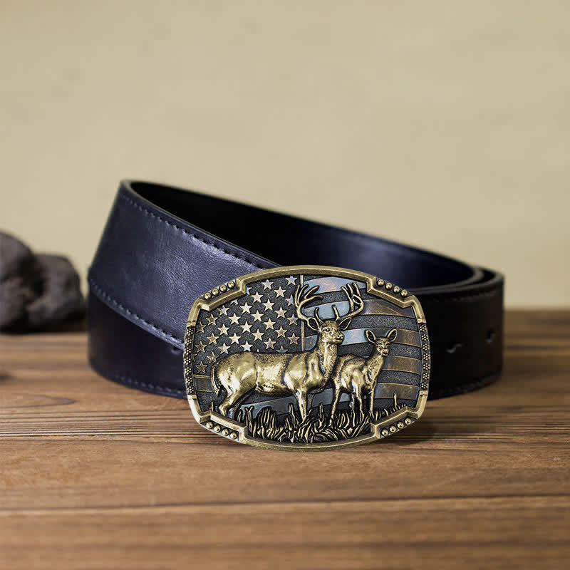 Cinturón de cuero con hebilla de bandera estadounidense para hombre, hecho a mano, con diseño de ciervos