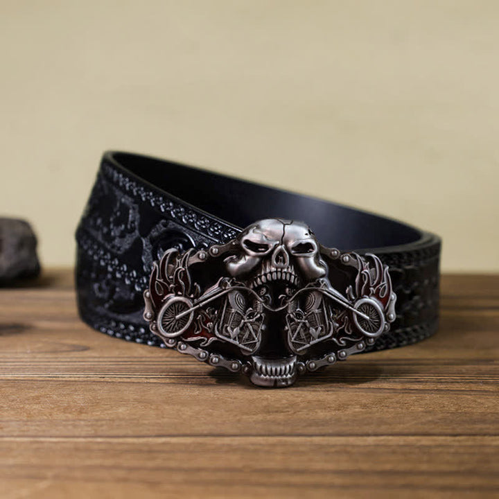 Cinturón de cuero con hebilla de cabeza de fantasma de motocicleta y calavera para hombre