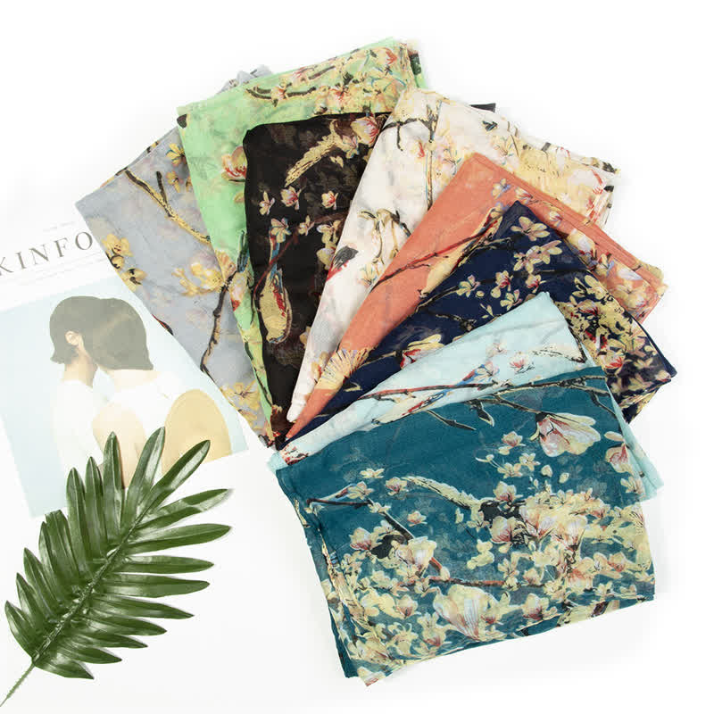 Bufanda ligera con estampado de pájaros y flores para mujer