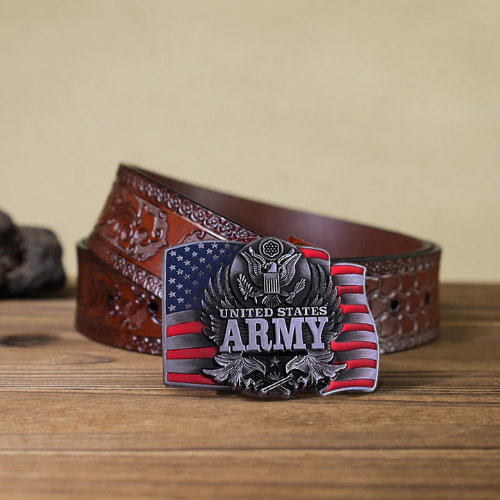 Cinturón de cuero con hebilla del ejército de los Estados Unidos para hombre, hecho a mano