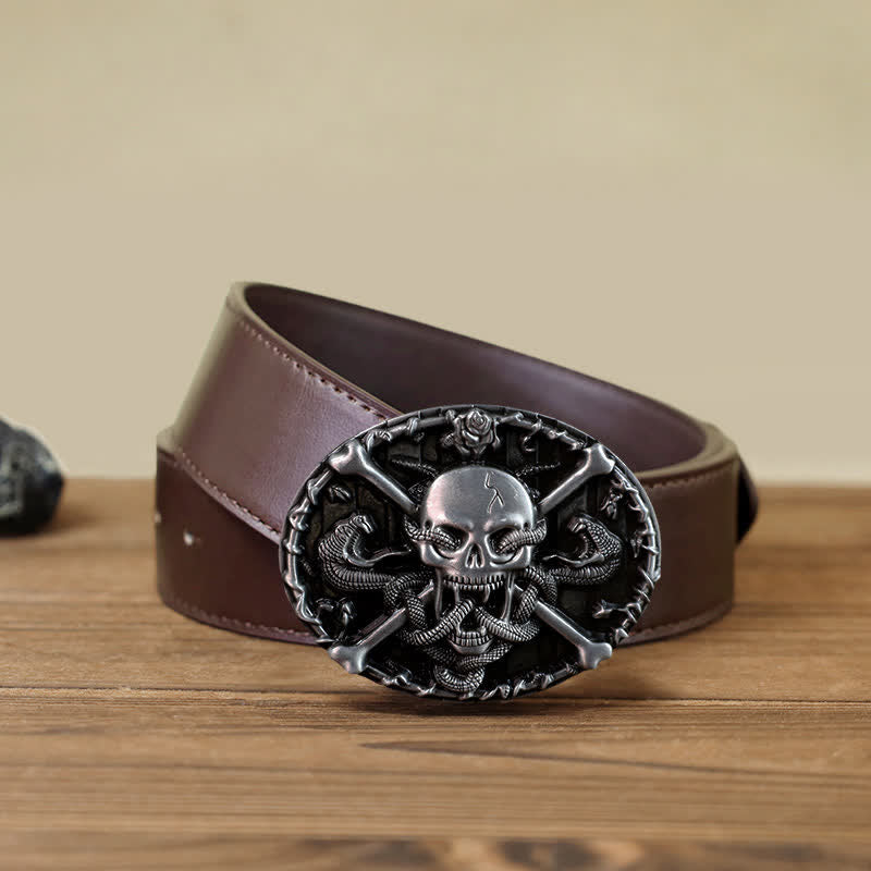 Cinturón de cuero con hebilla de serpiente y calavera gótica para hombre hecho a mano