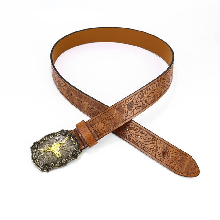 Cinturón de cuero con flor de toro grabada cuadrada para hombre