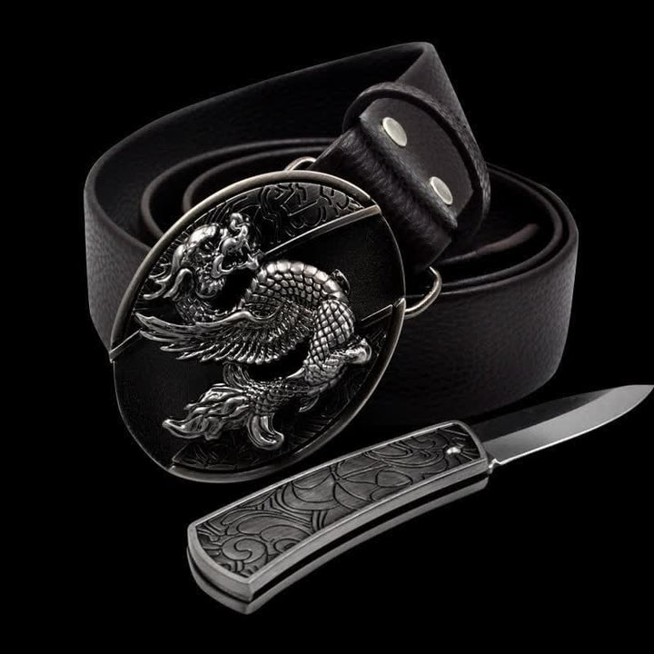Cinturón de cuero con diseño de dragón volador para hombre con navaja plegable